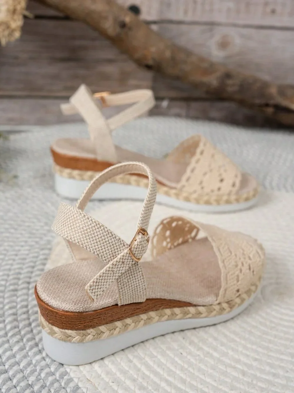 Beige Wedge Heel Women's Rope Woven Open Toe Minimalist One-Buckle Sandals